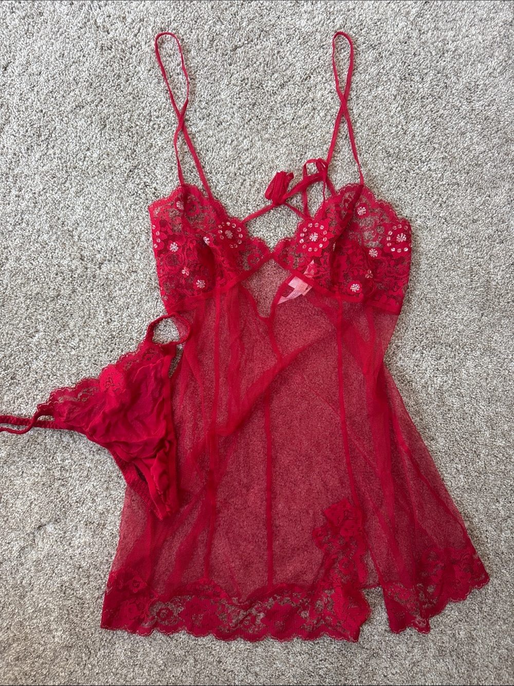 Victoria's Secret Red Lace Sheer Chemise with Matching Thong